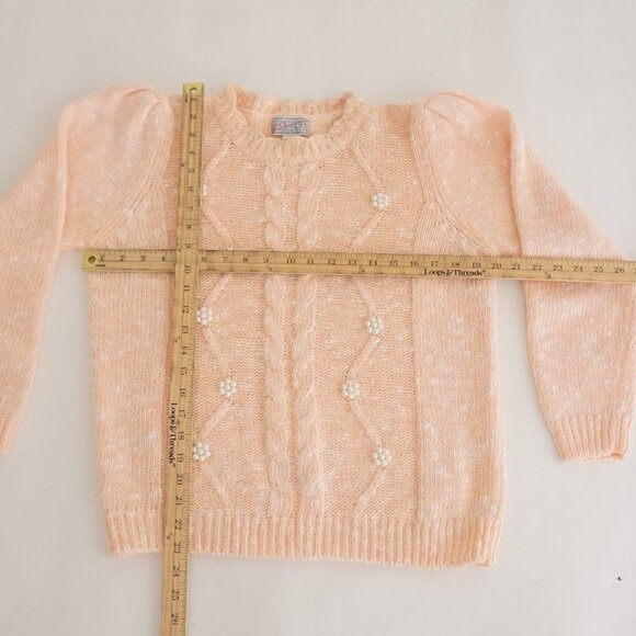 Vintage Spice Of Life Peach Knit w Beaded Pearls Cable Knit Sweater L - Picture 4 of 11